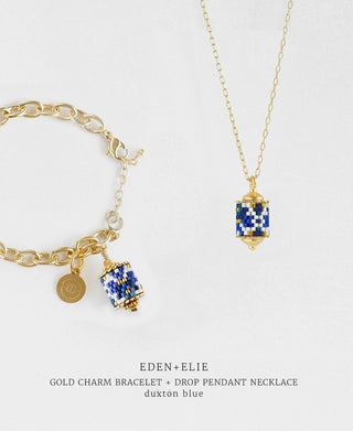 Gold Charm Bracelet + Drop Pendant Necklace Set - Duxton Blue