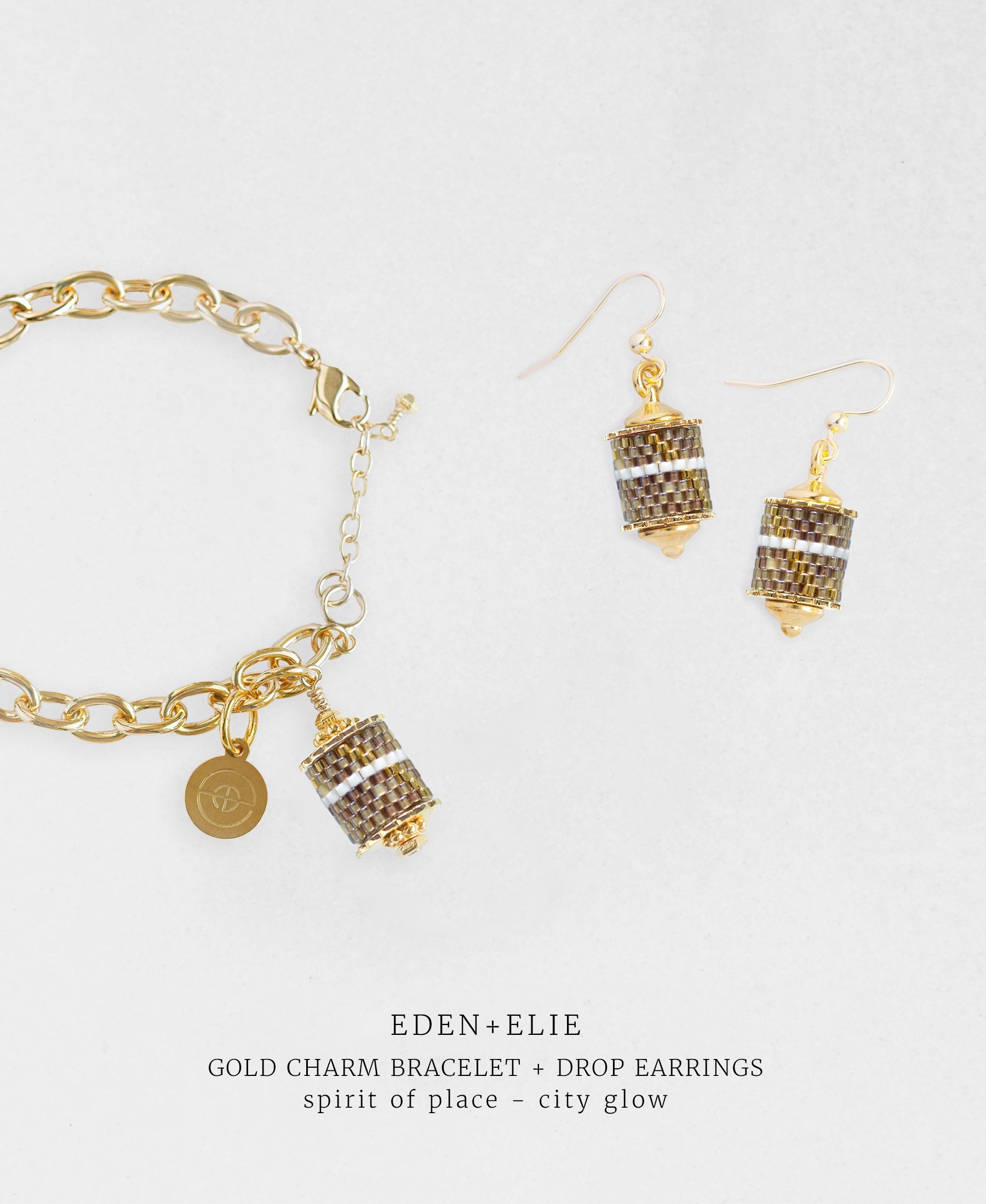 Gold Charm Bracelet + Drop Earrings Set - Spirit of Place City Glow