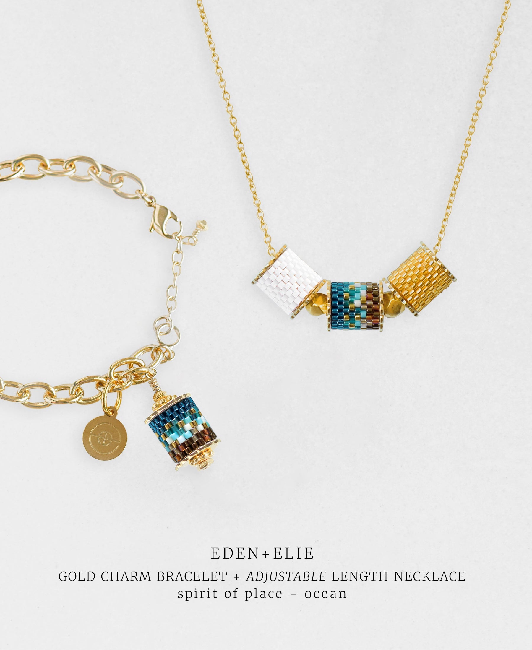 Gold Charm Bracelet + Adjustable Length Necklace Set - Spirit of Place Ocean