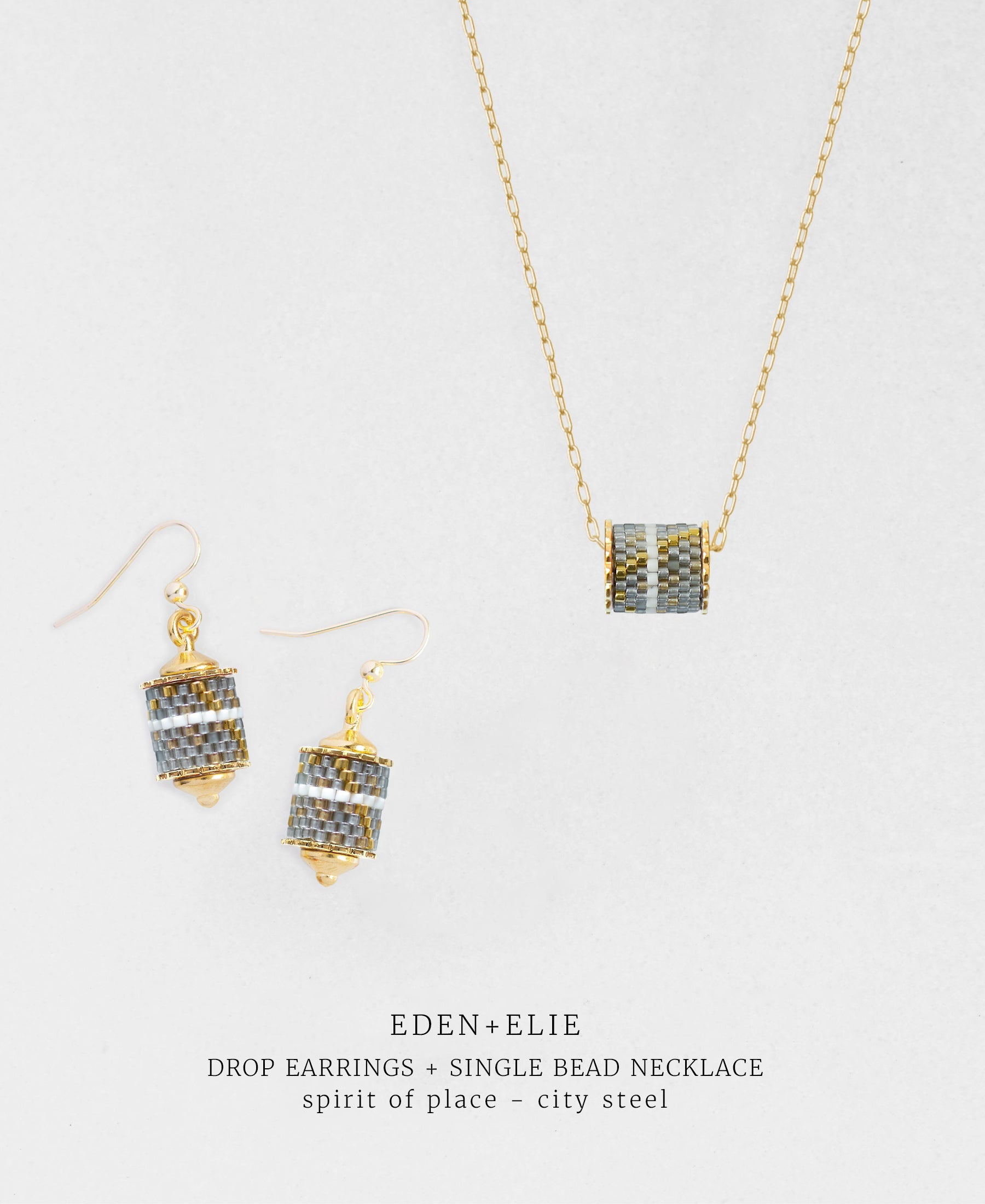 Drop Earrings + Single Bead Necklace Set - Spirit of Place City Steel