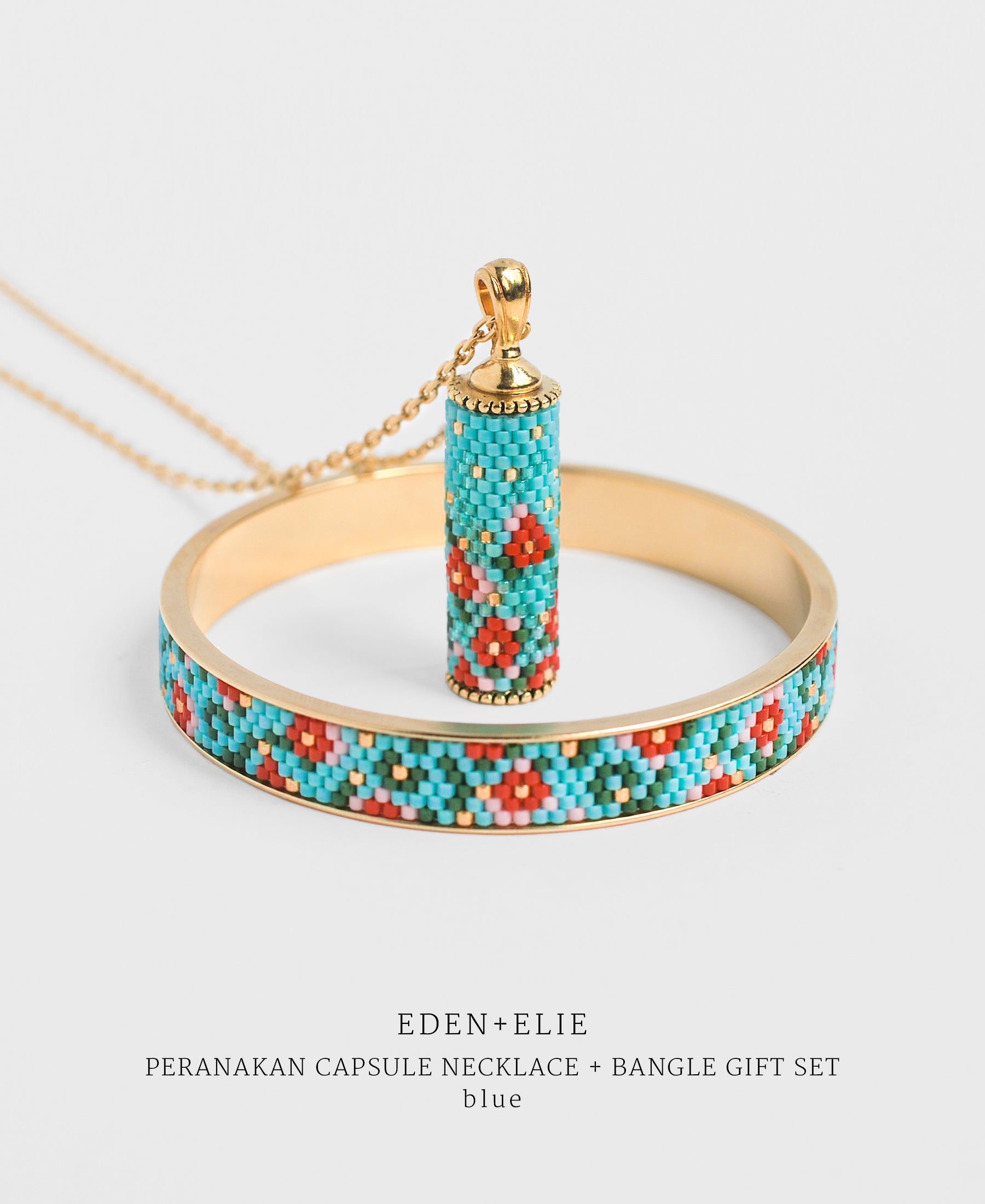 EDEN + ELIE Modern Peranakan capsule pendant necklace + bangle gift set - blue