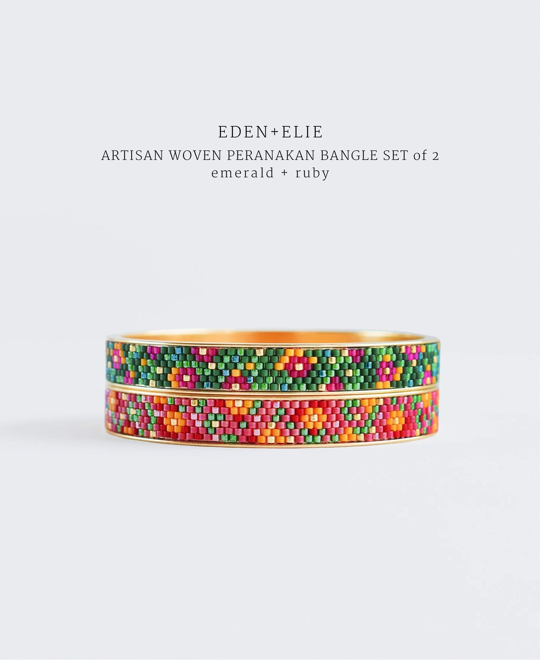 EDEN + ELIE Modern Peranakan gold narrow bangles set of 2 - emerald + ruby