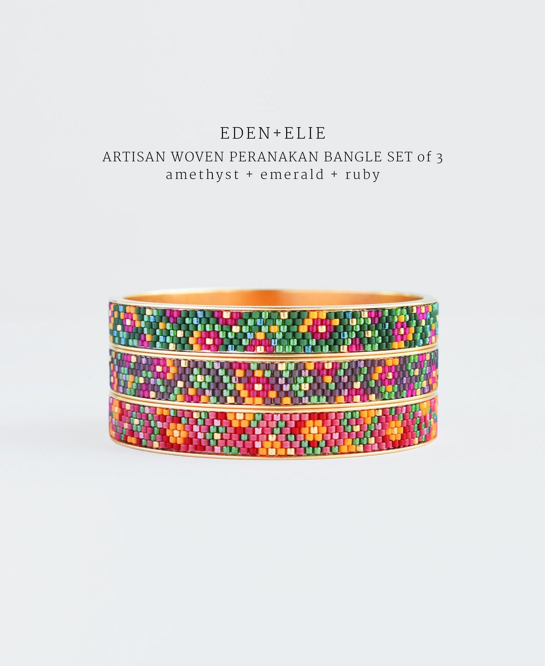 EDEN + ELIE Modern Peranakan gold narrow bangles set of 3 - emerald + amethyst + ruby