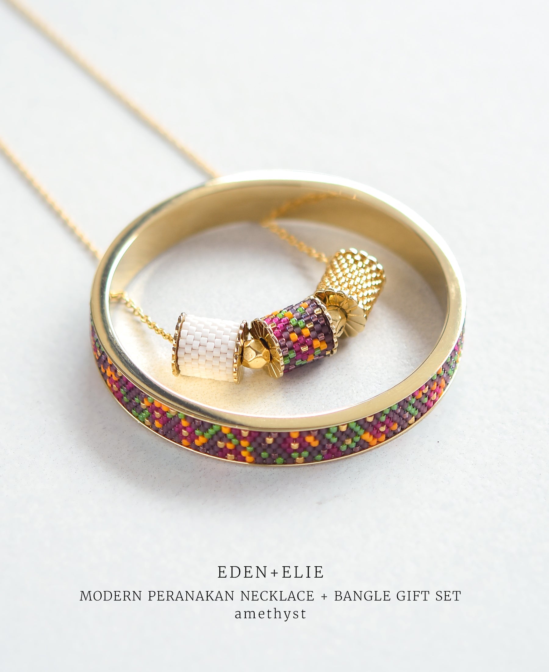 EDEN + ELIE Modern Peranakan adjustable length necklace + bangle gift set - amethyst