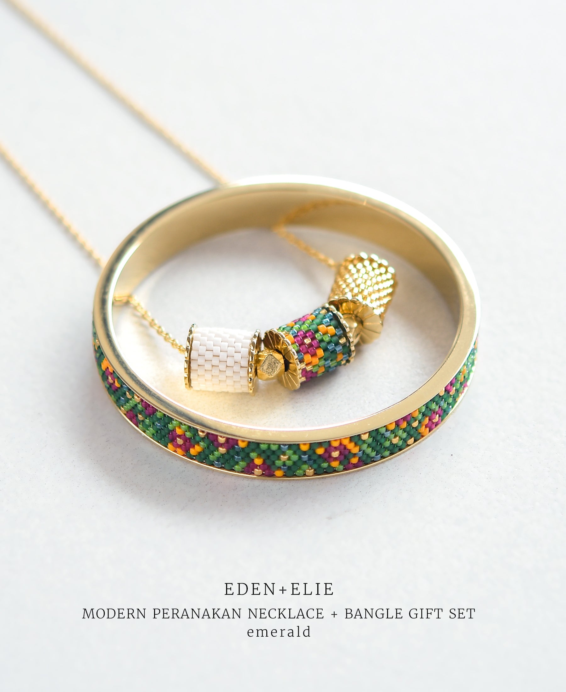 EDEN + ELIE Modern Peranakan adjustable length necklace + bangle gift set - emerald