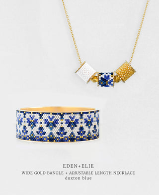 Wide Gold Bangle + Adjustable Length Necklace Set - Duxton Blue