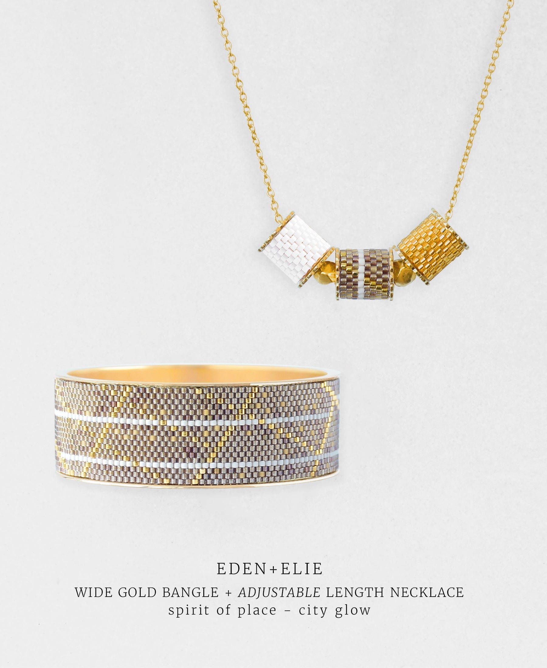 Wide Gold Bangle + Adjustable Length Necklace Set - Spirit of Place City Glow