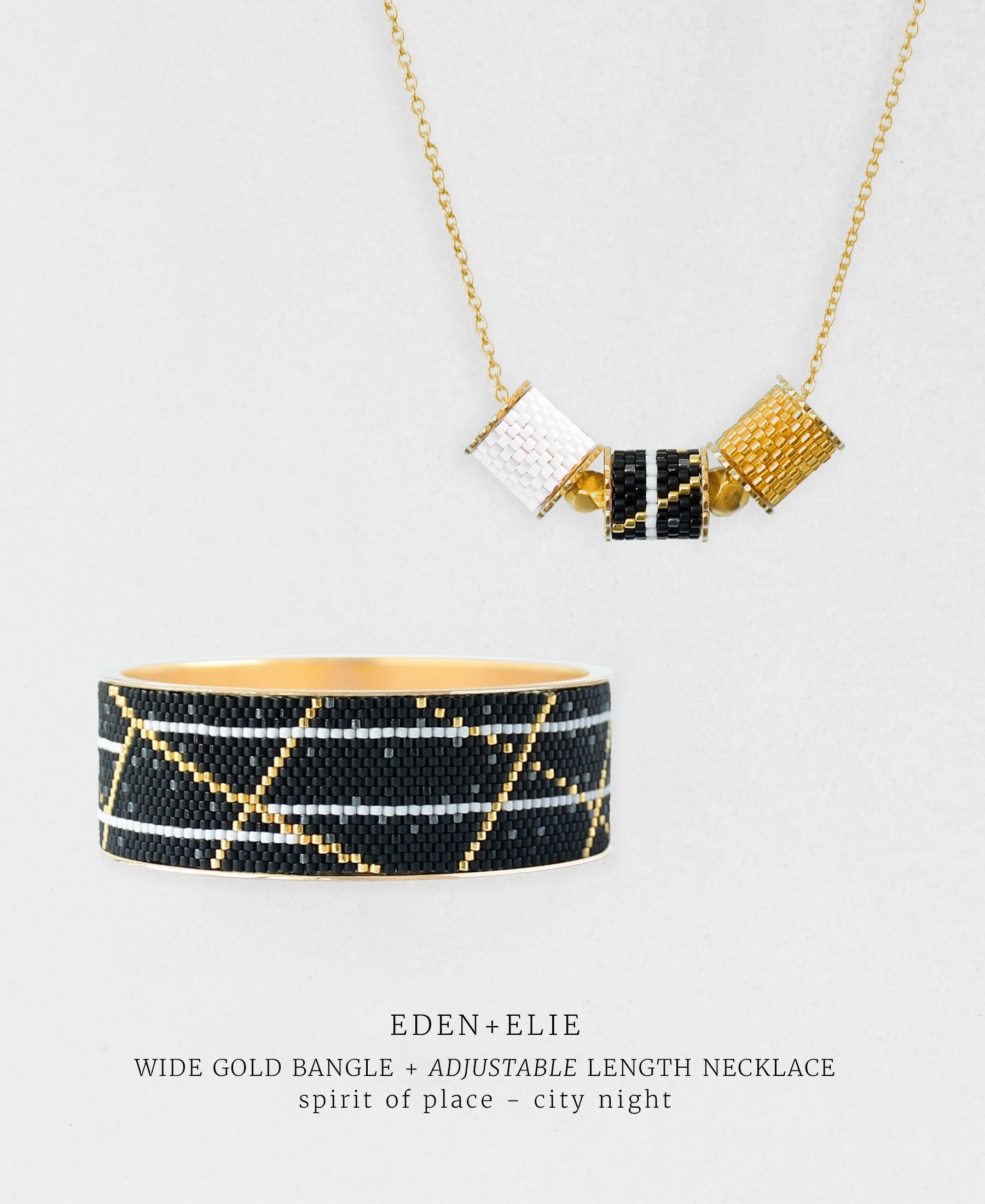 Wide Gold Bangle + Adjustable Length Necklace Set - Spirit of Place City Night