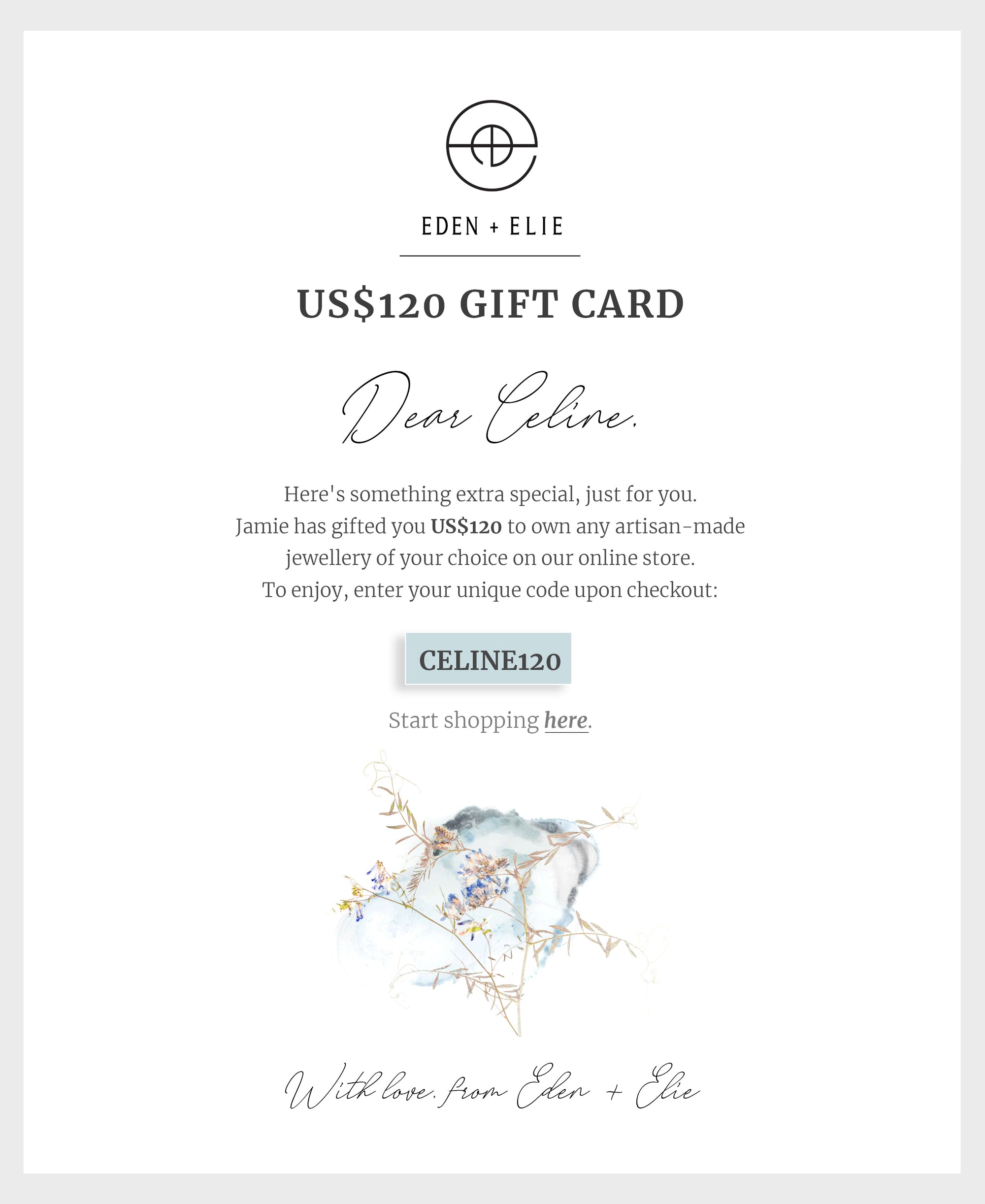 EDEN + ELIE Personalized E-Gift Card - $120