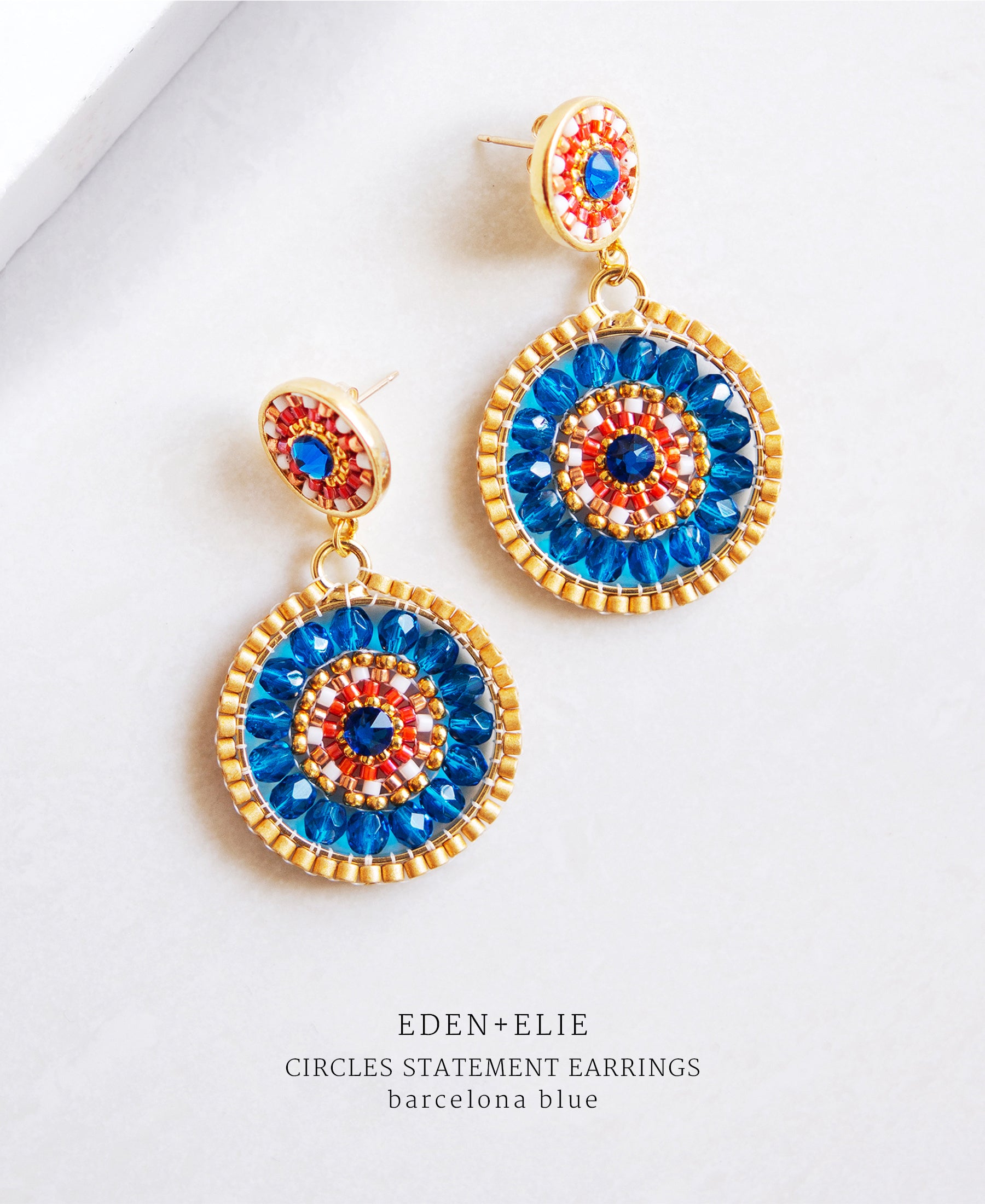EDEN + ELIE double circle statement drop earrings - barcelona blue