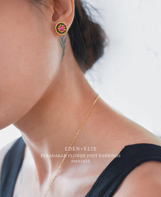 EDEN + ELIE Modern Peranakan flower stud earrings - ruby