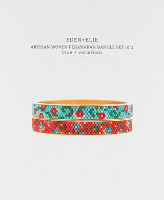 EDEN + ELIE Modern Peranakan gold narrow bangles set of 2 - blue + vermilion