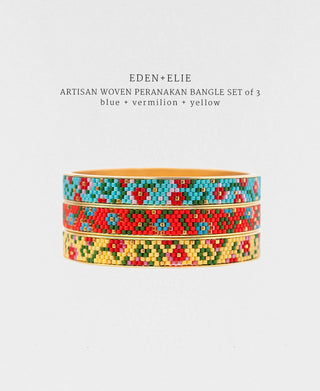 EDEN + ELIE Modern Peranakan gold narrow bangles set of 3 - blue + vermilion + yellow