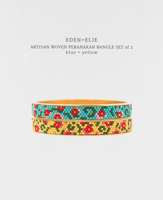 EDEN + ELIE Modern Peranakan gold narrow bangles set of 2 - blue + yellow