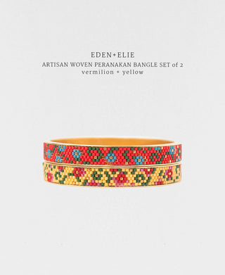 EDEN + ELIE Modern Peranakan gold narrow bangles set of 2 - vermilion + yellow