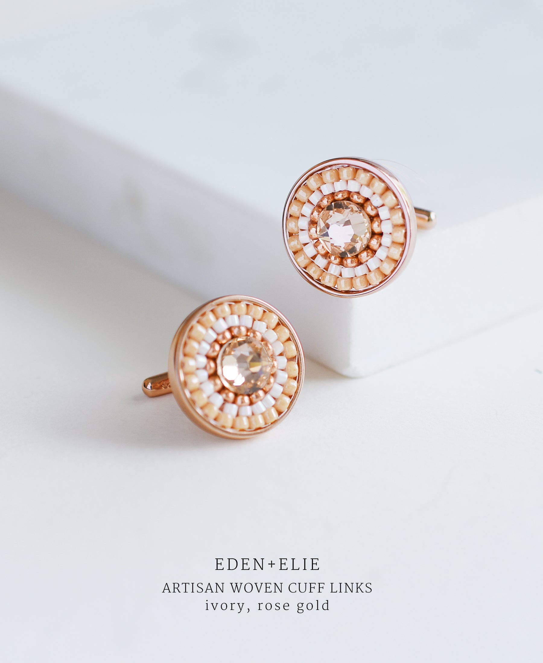 EDEN + ELIE artisan woven rose gold cuff links - ivory white