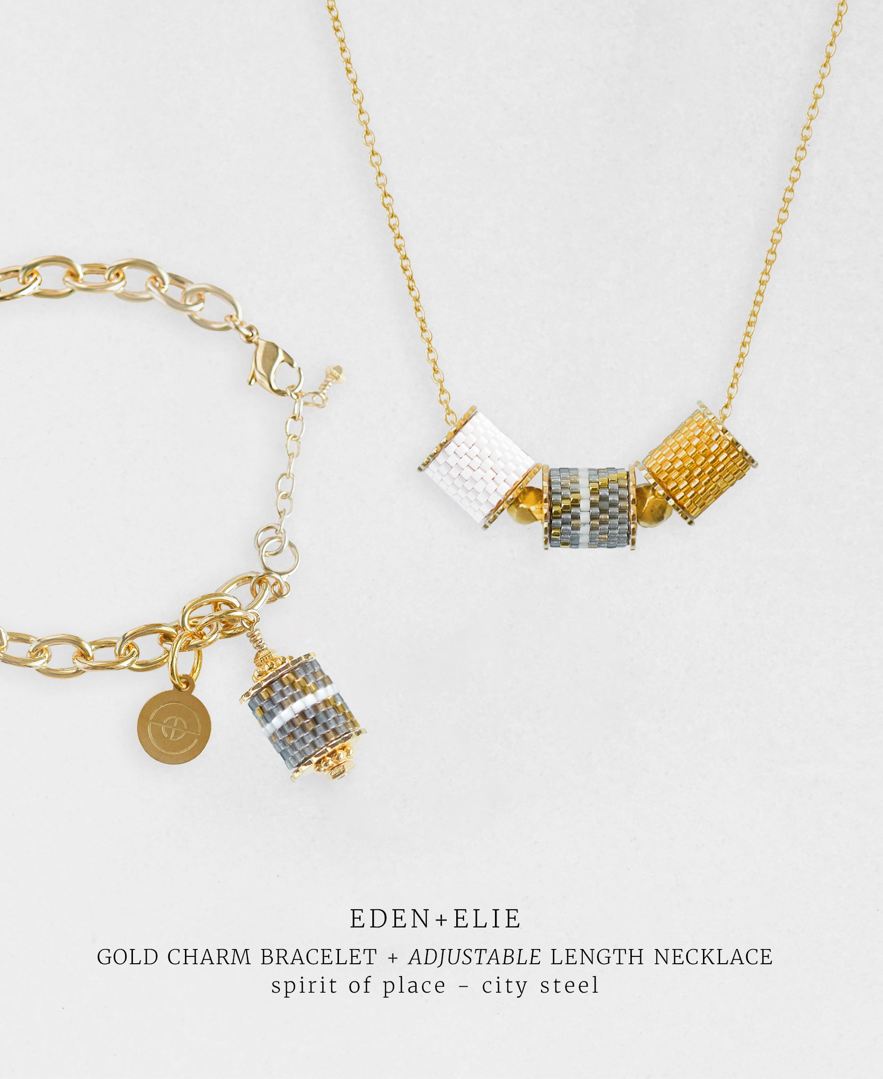 Gold Charm Bracelet + Adjustable Length Necklace Set - Spirit of Place City Steel
