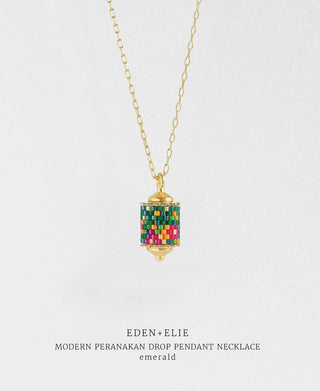 EDEN + ELIE Modern Peranakan drop pendant necklace - emerald