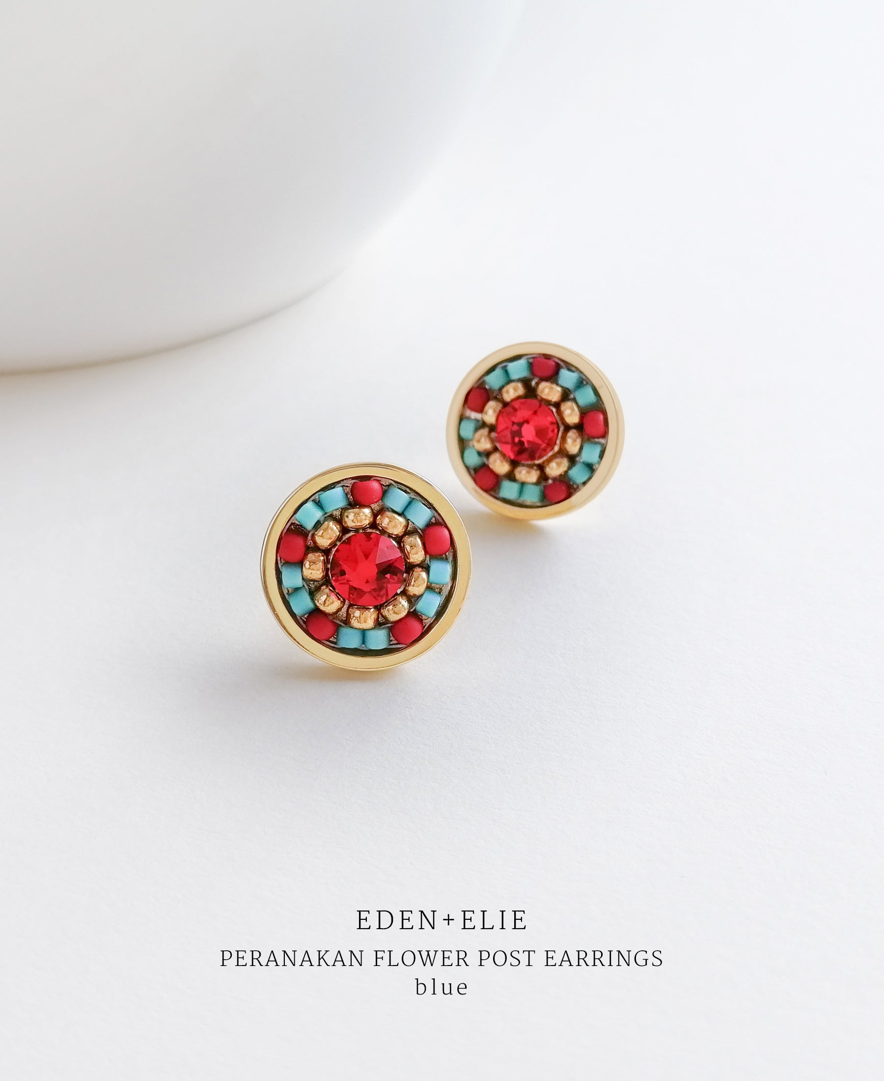 EDEN + ELIE gold plated jewelry Modern Peranakan flower stud earrings - blue