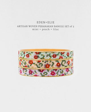 EDEN + ELIE Modern Peranakan gold narrow bangles set of 3 - mint + lilac + peach