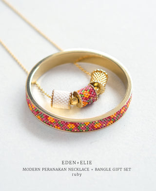 EDEN + ELIE Modern Peranakan adjustable length necklace + bangle gift set - ruby