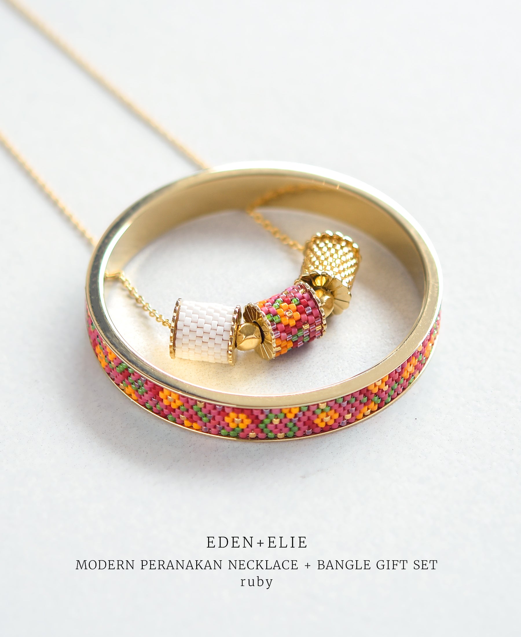 EDEN + ELIE Modern Peranakan adjustable length necklace + bangle gift set - ruby
